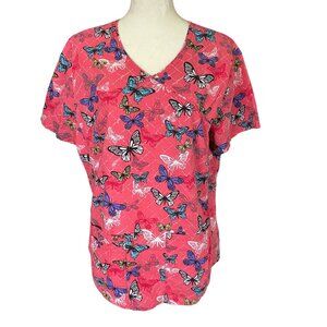 Scrubstar womens M short sleeve v-neck pullover pink with butterflies scrub top